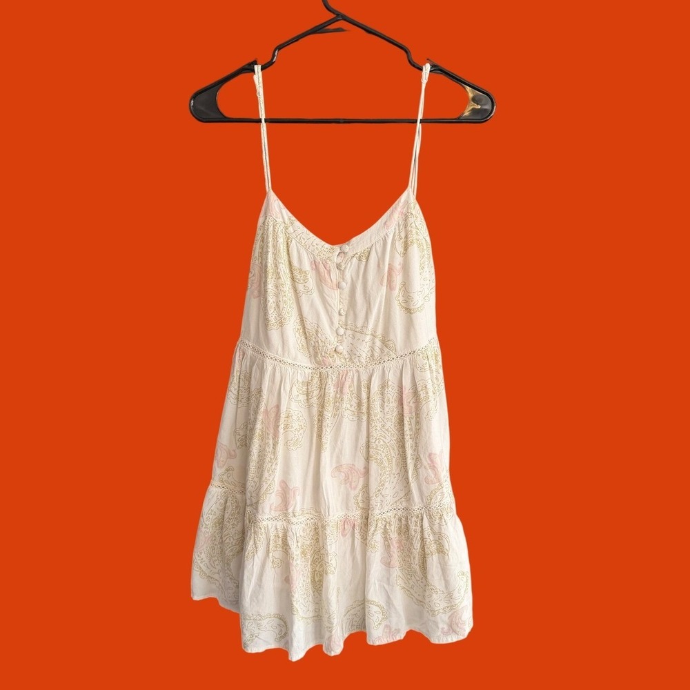 Urban‎ Outfitters Paisley Tiered Mini Dress Cream Green Large Boho Indie Sleeaze